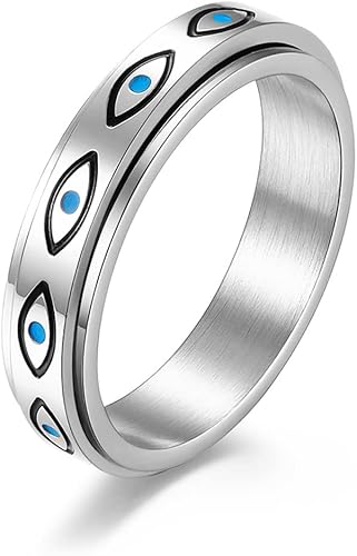 yomlry Anillos antiestrés para la ansiedad para mujeres y hombres, anillo de acero inoxidable para el mal de ojo, anillo giratorio para aliviar la