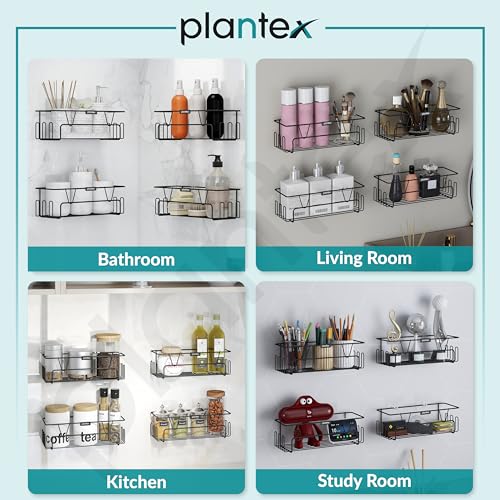 Image of Plantex GI Steel Bathroom Accessories Self Adhesive /Bathroom Shelf for Wall Without Drilling with Side Hooks & Magic Sticker - Black, Powder Coated (Pack of 4)