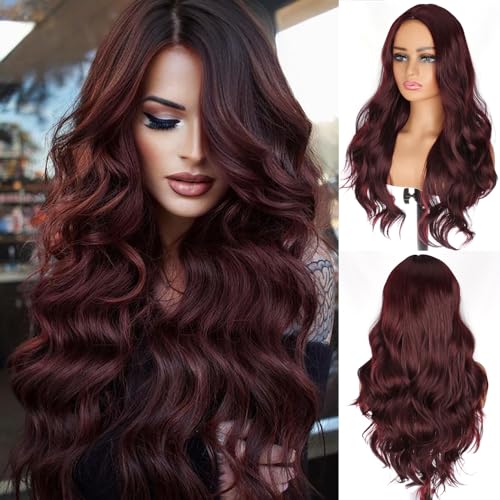 PORSMEER Long Dark Red Wigs for Women with Middle Part Natural Looking Loose Wave Wig Heat Resistant Synthetic Hair Burgundy Wig for Ladies Daily Wear or Party,26inch