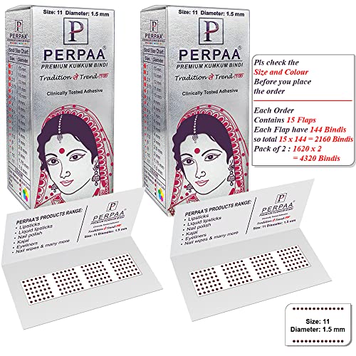 Image of PERPAA Kumkum Dark Maroon Round Bindi Book for Ladies Forehead Pack of 2-15 Flaps Each Box (Stick On) (11, Diameter 1.5mm)