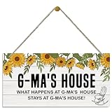 Rustic G-Ma's House Decor Sign, Sunflower Sign, Hanging Decorative Wood Plaque, Printed Wood Art Wall Decor, What Happens at G-ma's House, Gift for Grandma 12x6in
