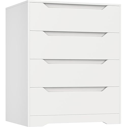 HOSTACK White Dresser, 4 Drawers Dresser, Modern Chest of Drawers with Cut-Out Handles, Small Dressers with Drawer, Wood Makeup Chest Organizer for Living Room, Entryway, Home Office, White