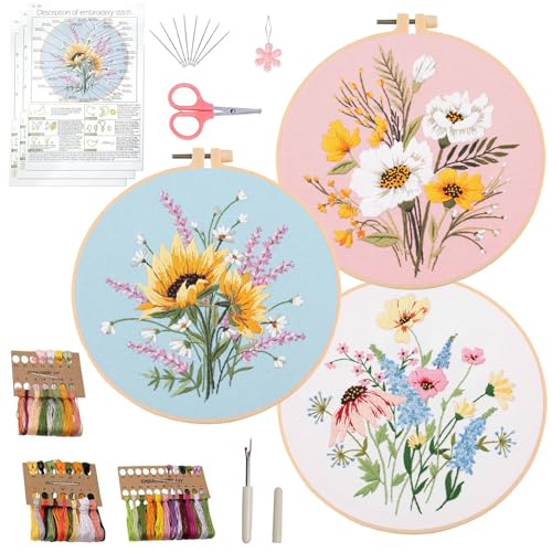 Image of Ohcol 3 Sets Embroidery Kit,Cross Stitch Kits Needlepoint Kits for Adults Beginner,Needle Point Kits with Washable Pre-Printed Floral Pattern,Hoops,Women DIY Hand Crafts