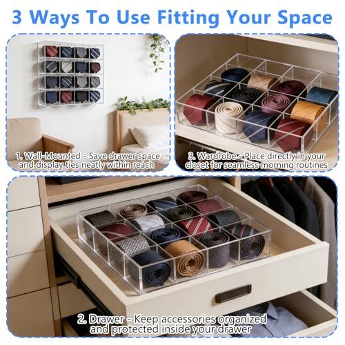2 Pack Tie Box Organizer Wall Mounted Tie Rack Clear Acrylic with 16 Compartments, Tie Holder for Drawer Tie Organizer for Men Belt Scarf Necktie Storage for Closet and Home by Rainmae - Used condition - Image 4