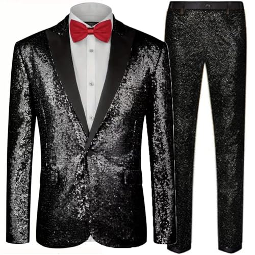 Duohropke Traje brillante para hombre con lentejuelas, esmoquin, 2 piezas, para fiesta, baile de graduación, chaqueta ajustada, pantalones, chaleco, conjunto casual, negocios, blazer británico, abrigo