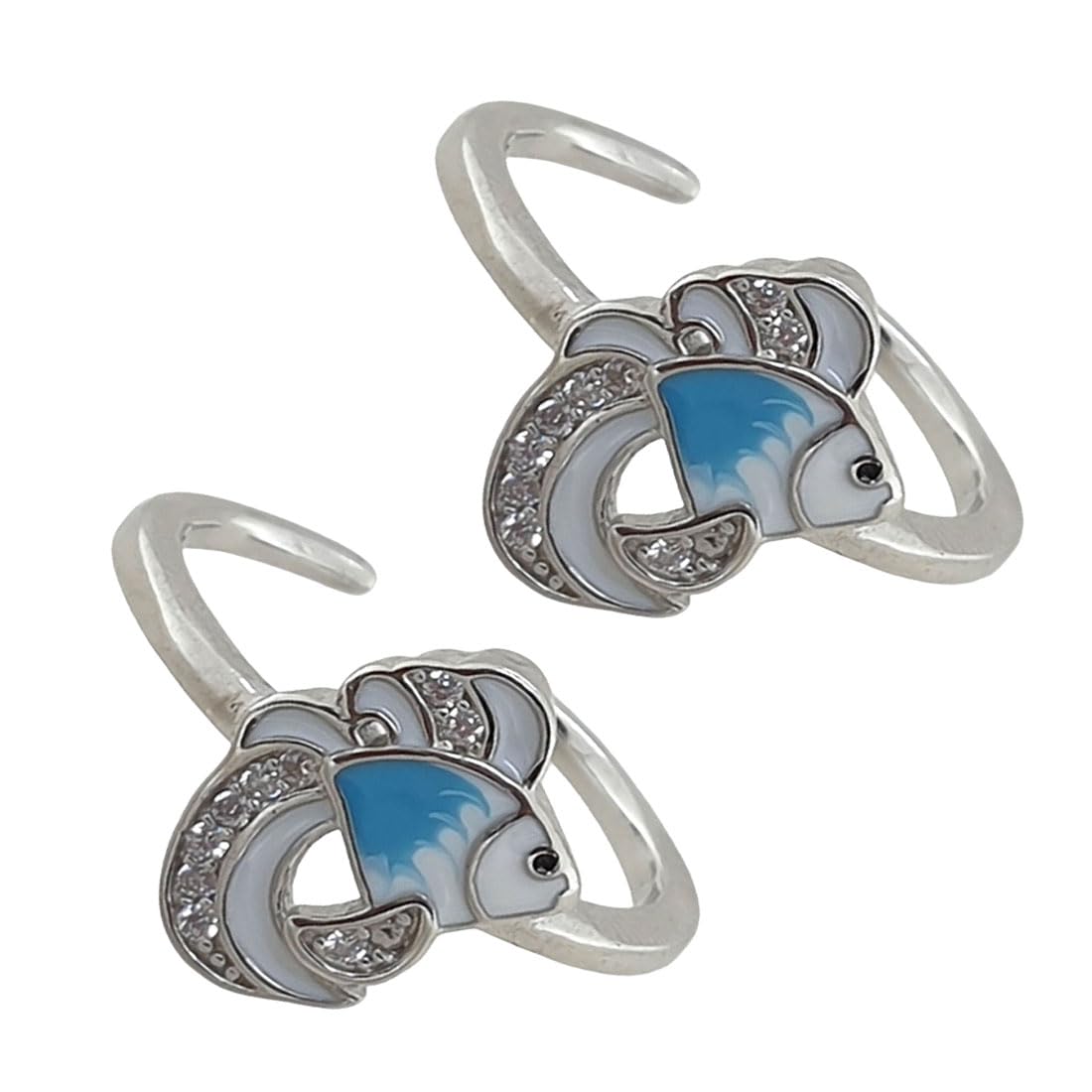 925 Sterling Silver Designer Fish Shape Toe Rings for Women | Adjustable Open Band Blue Enamel Zircon Design | Daily Wear Fancy Bichiya Pair-image-23
