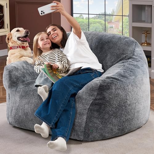 Image of Homguava Giant Bean Bag Chairs for Adults,Large Bean Bag Couch with Arms | Big Beanbag Chair with Memory Foam Filled,Oversized Bean Bag Sofa,Faux Fur Floor Sofa Chair for Bedroom Living Room-Grey