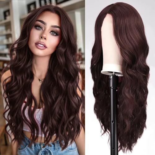 Creamily Long Brown Wavy Wigs for Women Body Wave Long Women Wigs Synthetic Hair Curly Wig for Ladies Brown Wavy Wig Party Cosplay Daily Use 26 Inches