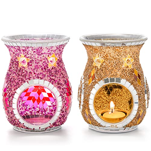 Elsjoy 2 Stück Mosaik-Glas-Ölbrenner, böhmischer Teelichthalter, Brenner, Duftölwärmer, Mosaikglas-Duftwachs-Wärmer für Duftöl und Wachs, Heimdekoration, Geschenk, Lila und Bernstein Cover