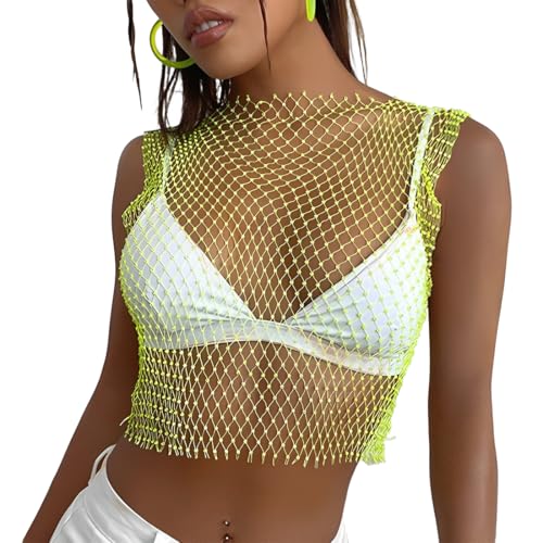 CATOR Malla de cristal Top Festival traje Rhinestone malla hueco Tanque brillante Cuerpo Accesorios festival outfit, ropa festival mujer, top festival mujer, para mujeres y niñas - Verde, S