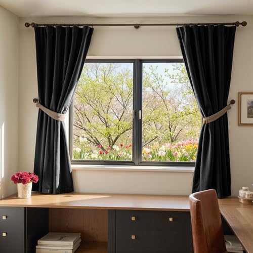 Image of Blackout Black Velvet Curtains Rod Pocket 52x72 Inch 2 Panels | Soft Velvet, For Small Windows, Kitchens & Bathrooms, Light Shifting Texture, Elegant Drape, Classic