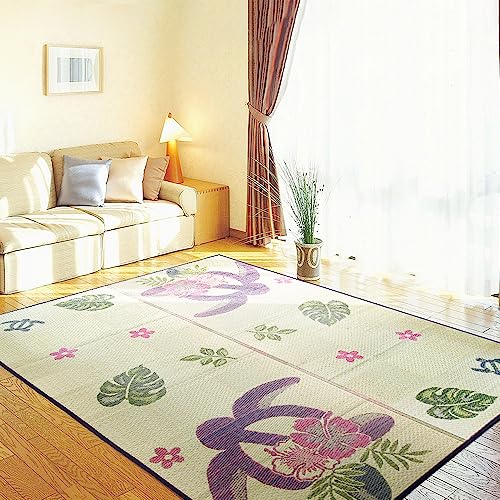 アイコン ホヌ&リーフ い草ラグ ござ ボタニカル ハワイアン モンステラ パキラ 幸運 ウミガメ 縁起がいい クール 夏 ホットカーペット対応 防ダニ 抗菌 防カビ 裏張り ベージュ ブルー グリーン 1畳 1.5畳 2畳 ミニ3畳 88×176 135