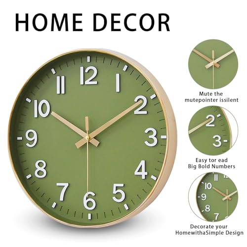Image of HZDHCLH Wall Clocks Battery Operated,Wall Clock Green Gold,10 inch Wall Clock Silent Non Ticking Modern 3D Numbers for Kitchen Bedroom Living Room Office Classroom Decor