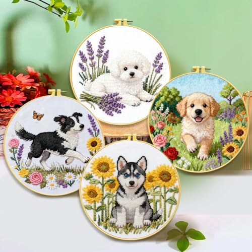 Zhenqing 4 Dog Breeds Cross Stitch Kit for Beginners, 11CT