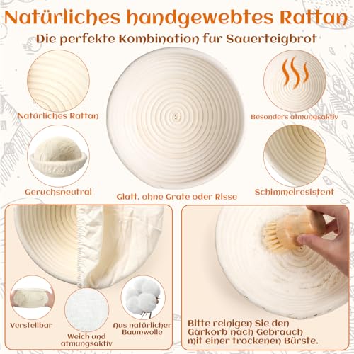 Gärkörbchen Für Sauerteig Starter Set, Gärkorb (23cm rund & 25cm oval),100% natürlichem Rattan, inkl. Teigschaber, Leineneinsatz, Teigrührer & mehr | Professionelles Brotbackzubehör