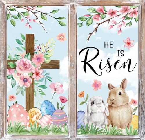 JarThenaAMCS Easter He is Risen Window Clings Bunny Egg Floral Cross Rabbit Window Stickers Double-Side Glass Decals for Spring Party Decor, 7.9 x 11.8 Inch, 9 Sheets