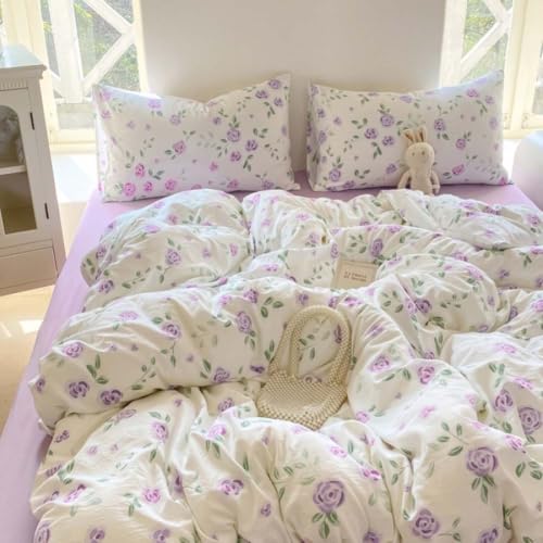 Image of Nayoroom Purple Floral Duvet Cover Queen Size Rose Flower Botanical Leaves Printed on White Duvet Cover 3 Pieces Soft Lightweight Microfiber Cottagecore Bedding Set