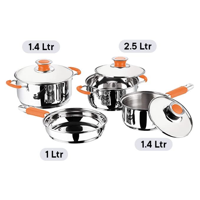 Image of Kuber Industries Set of 4 Stainless Steel Cookware Set I Induction Base Cookware I Saucepan (1.4 L), Kadai (2.0 L), Casserole (2.5 L), Frypan (1 L) and 3 Lids I Heavy Gauge Steel