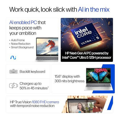 Image of HP 15, Intel Core Ultra 5 125H (16GB DDR5, 1TB SSD) FHD, IPS, 15.6'' /39.6cm, Win11, M365 Basic(1yr)*Office24, Silver, 1.65kg, fd1354TU, Intel Arc Graphics, FHD Camera w /Shutter, AI Powered Laptop