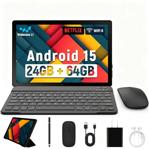 Latest 2025 Upgraded Android Tablet 10.1 Inch with IPS HD Touch Screen, Dual Camera, 64GB Storage 1TB Expansion, 8 in 1 Tablets Kit with Keyboard, Protective Case, Mouse, Stylus, BT 5.4, WiFi 6