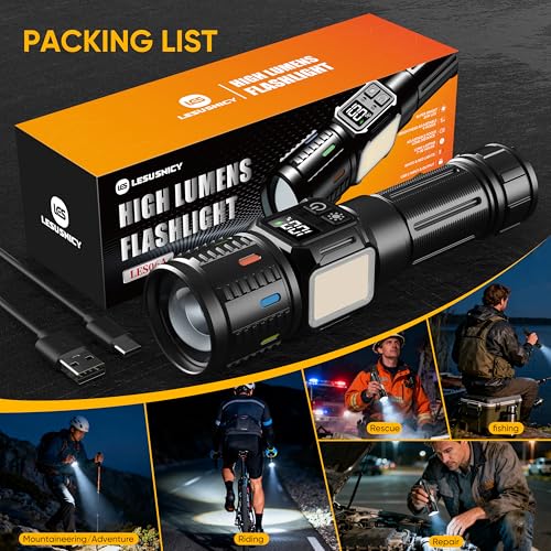 lesusnicy Rechargeable Flashlights High Lumens 100,000, Super Bright LED Flash Light Long Lasting USB C LCD Display, Dual Light Source & Buttons with Red Light, for Camping Hiking Emergency Home Gift - image 7