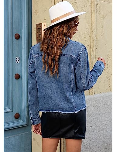 Image of luvamia Denim Jacket for Women Distressed Jean Jackets Button Up Vintage Western Trucker Jacket Frayed Hem Pockets