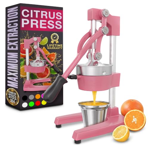 Image of Cast Iron Juicer Hand Press, Heavy-Duty Squeezer (Pink) | Lever Manual Citrus Press Juicer & Orange Squeezer for Lemon, Lime & Lemonade; Steel Cone & Strainer; for Home or Bar