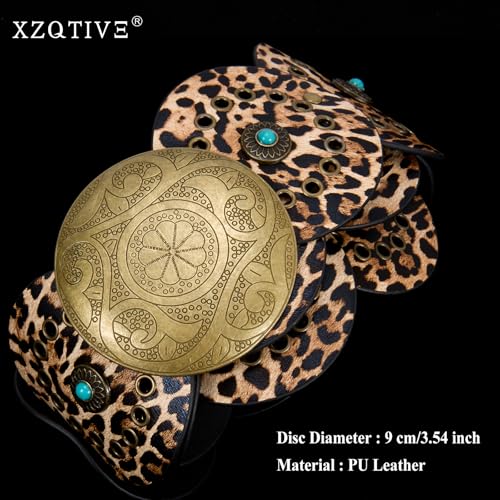 Image of XZQTIVE Western PU Leather Belts for Woman Concho Cowgirl Cowboy Disc Belt for Ladies Wide Boho Country Waist Belts for Dress