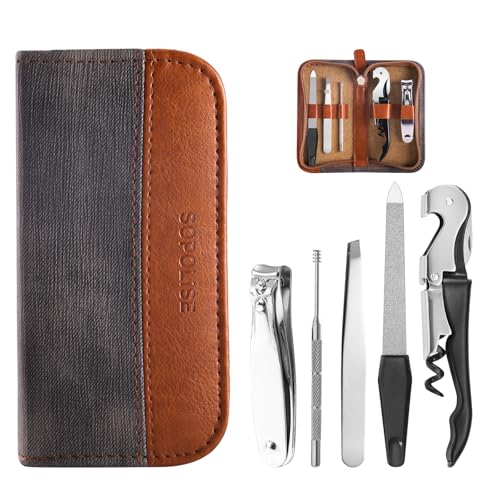 Manicure Set 5-Piece with PU Leather Case - Stainless Steel Nail Clipper Kit Includes Nail Clipper, Nail File,Tweezers, Ear Spoon & Wine Opener Tools for Home&Travel&Gift