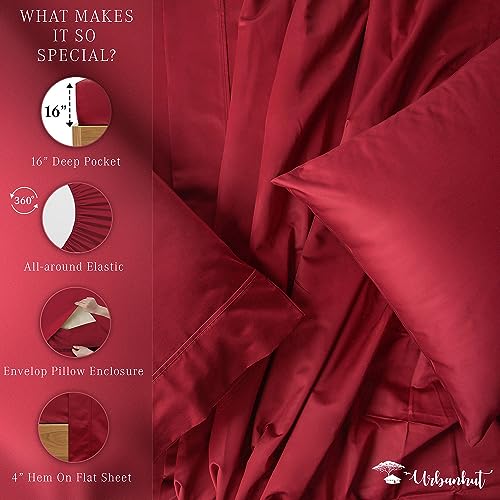 URBANHUT 800 Thread Count Full Size Egyptian Cotton Sheets Set, 4 Pc Bed Sheet Sets for Full Size Bedding, Luxury Hotel Sheets Sateen Finish Fits 16" Deep Pocket - Burgundy