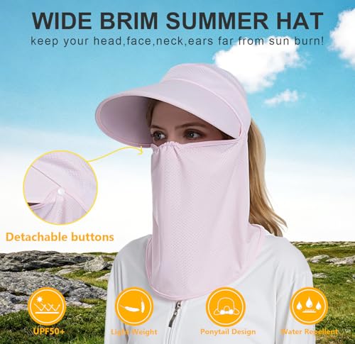 Image of Women Wide Brim Face Mask Sun Hat Detachable Neck Face Flap Ponytail UV Protection Visor Hat Garden Fishing Hiking