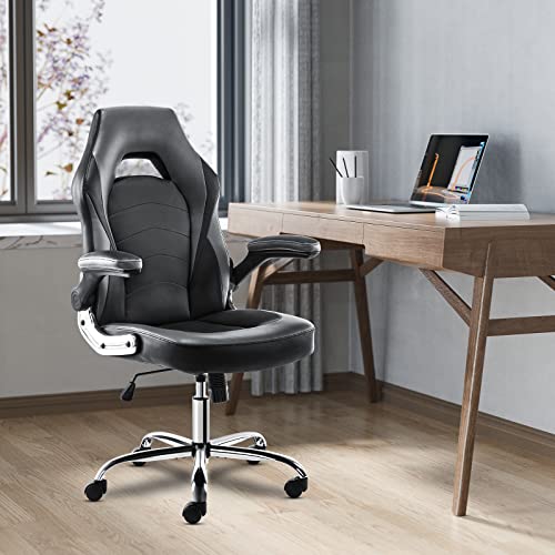Image of Ergonomic Gaming Office Chair - PU Leather Executive Swivel Computer Desk Chair with Flip-up Armrests and Lumbar Support for Working, Studying, Gaming, Grey