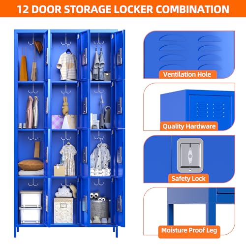 Image of Aobabo 12 Doors Metal Storage Locker for Employees, Storage Lockers for School Office Gym Bedroom, Industrial Steel Storage with 12 Hooks, Blue, Assembly Required