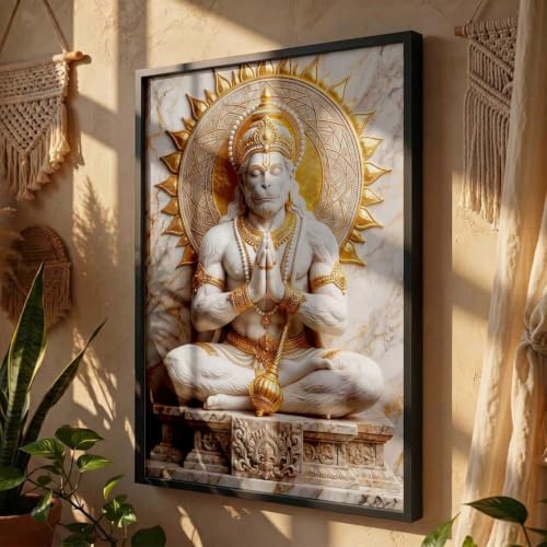 Image of CRAFTLYN Hindu God Wall Art WALL ART Prints Framed Spiritual Religious Paintings for Living Room, Pooja Room, Bedroom, Office, Meditation Room, Home Decor (Hanuman ji, 19 X25, Black)