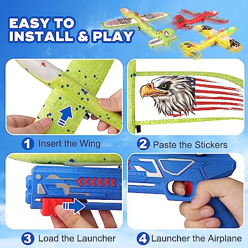 3 Pack Airplane Launcher Toy for Kids, 12.6" LED Foam Glider Plane, 2 Flight Mode Catapult Plane Boy Toys with Stickers, Outdoor Flying Toys Birthday Gifts for 4 5 6 7 8 9 10 12 Year Old Boys Girls - Thumbnail 6