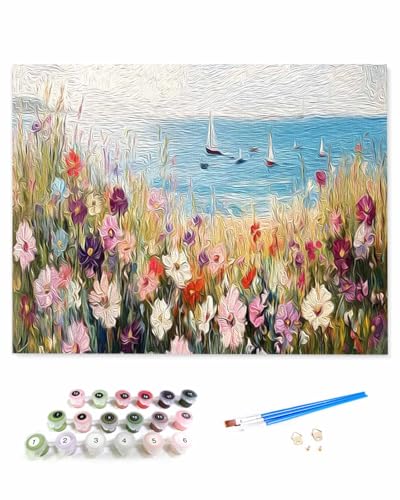 VamJump 数字油絵 手塗り 油絵 海 風景 花 春 DIY絵 初心者 時間をつぶす 壁飾り アートクラフト 絵画手芸キッ 絵の具をつける 塗りつぶし掛け 50x60cm