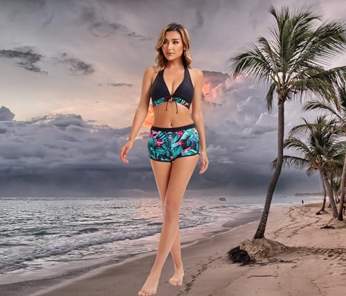 Women Two Piece Swimsuit Bathing Suits Floral Tropical High Waisted Beachwear Board Shorts Halter Tops4