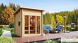 FinnTherm Gartensauna Außensauna Saunahaus Lizzy XXS mit Fußboden mit 2 Sitzbänke aus Fichten-Holz Wandstärke 40 mm