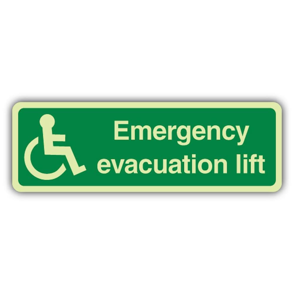 V Safety Photoluminescent Emergency Evacuation Lift - Landscape Safety Sign - 210 x 70 mm - 1.2mm Rigid Plastic - Triple Glow