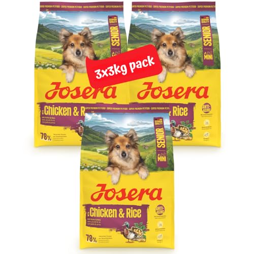 JOSERA Mini Senior Huhn & Reis (3 x 3 kg) | Premium Trockenfutter für ausgewachsene ältere Hunde Kleiner Rassen | Anti-Aging & Nierenentlastung | Extrakleine Kroketten | glutenfrei | 3er Pack