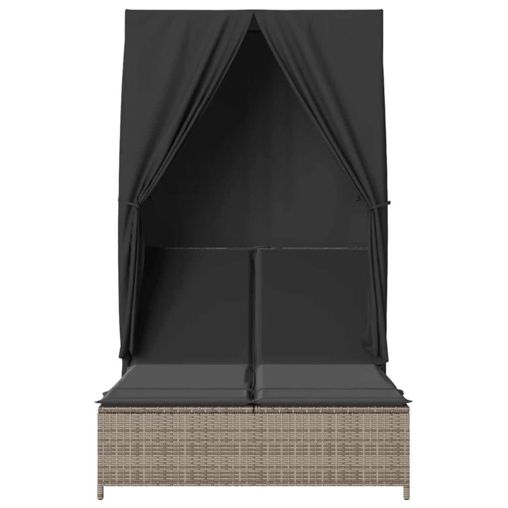 Doppio lettino prendisole con tettuccio in rattan, isola solare, grigio, 104 x 197 cm | Comoda isola prendisole per 2 persone per terrazza e giardino, con schienale regolabile e federe lavabili