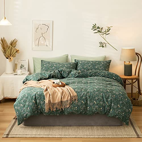 Vclife Jersey Knit Cotton Bedding Sets Queen Green Duvet Cover Boho Style Duvet Cover Sets For Children Teenage Adult, 3 Pieces Dark Green Botanical Duvet Cover, 1 Queen Duvet Cover And 2 Pillow Cases #TOP18