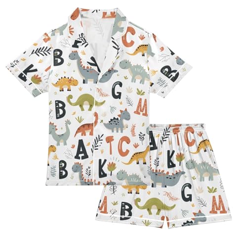 Cartoon Dinosaur Alphabet Letter Pajamas Set Summer Button Down Sleepwear Pjs Sets Comfy Loungewear