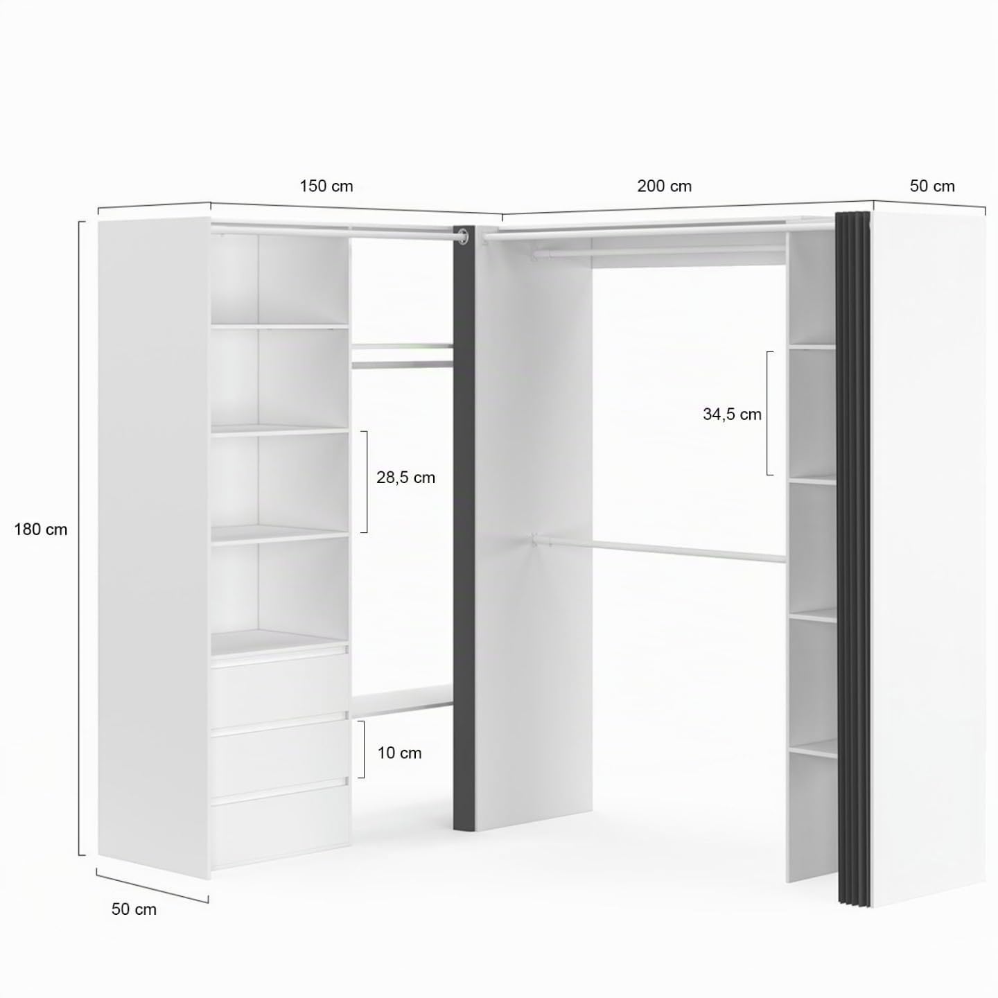IDMarket - Vestidor extensible en ángulo Marlon 200 x 150 x 180 cm, color blanco