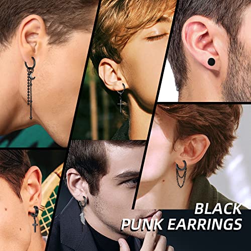 FIFATA 20 Pieces Men Earrings Set - Black Stainless Steel Chain Hoop Earrings Cross Moon and Star Dangle Earrings Piercing Jewelry for Men Women3