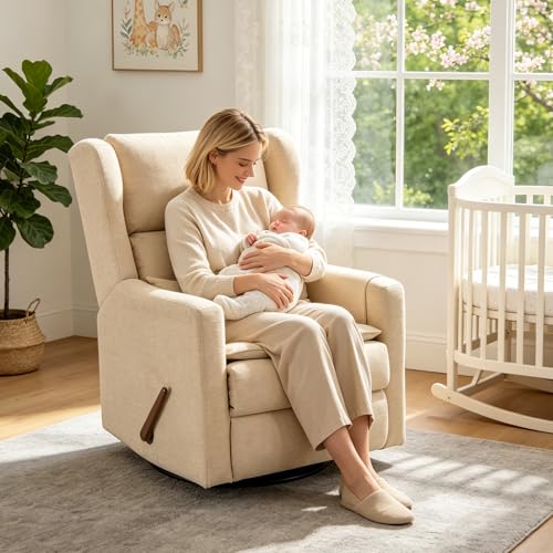 Image of Swivel Rocker Recliner Chair with Adjustable Headrest,Rocking Chair Nursery with Lumbar Support, Manual Glider Rocker Recliner with Cup Holder and Side Pockets, Beige