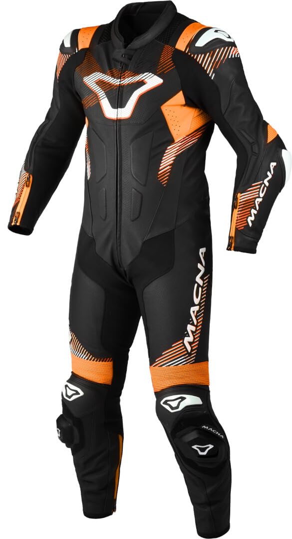 Macna Men's Black/Orange/White Armadyl Perforated One Piece Motorcycle Leather Suit