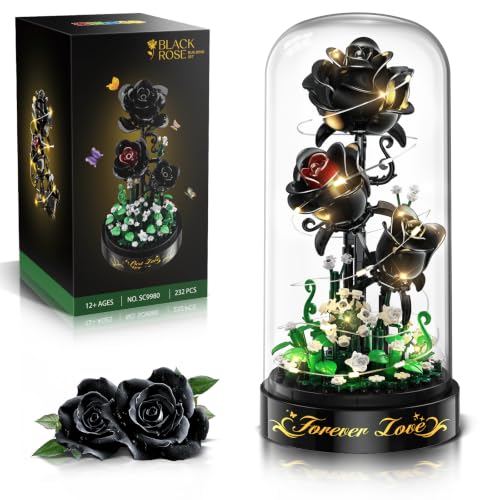 HiWEEGO Blumen Rosen Bausatz mit LED Licht 232 Teile Schwarzer Rosenstrauß