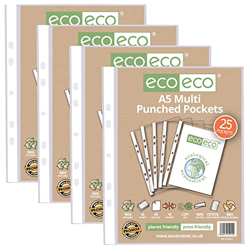 eco-eco A5 100% Recycled Multi Punched Pockets Glass Clear, Transparent Poly Wallet Sheet Protector, 45 Microns (100 Pockets), eco012x4