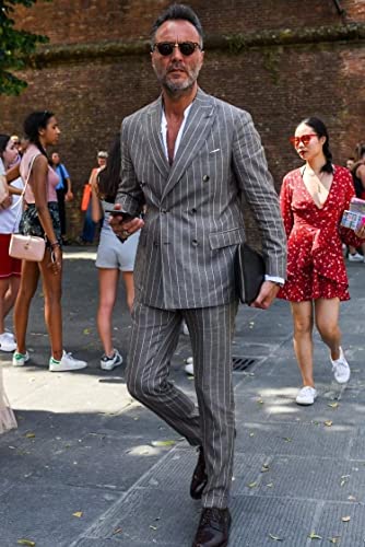 HZUOU Mens Suits 2 Piece Pinstripe Linen Wedding Tuxedos Double Breasted Formal Business Coat Pant Sets HZH183
